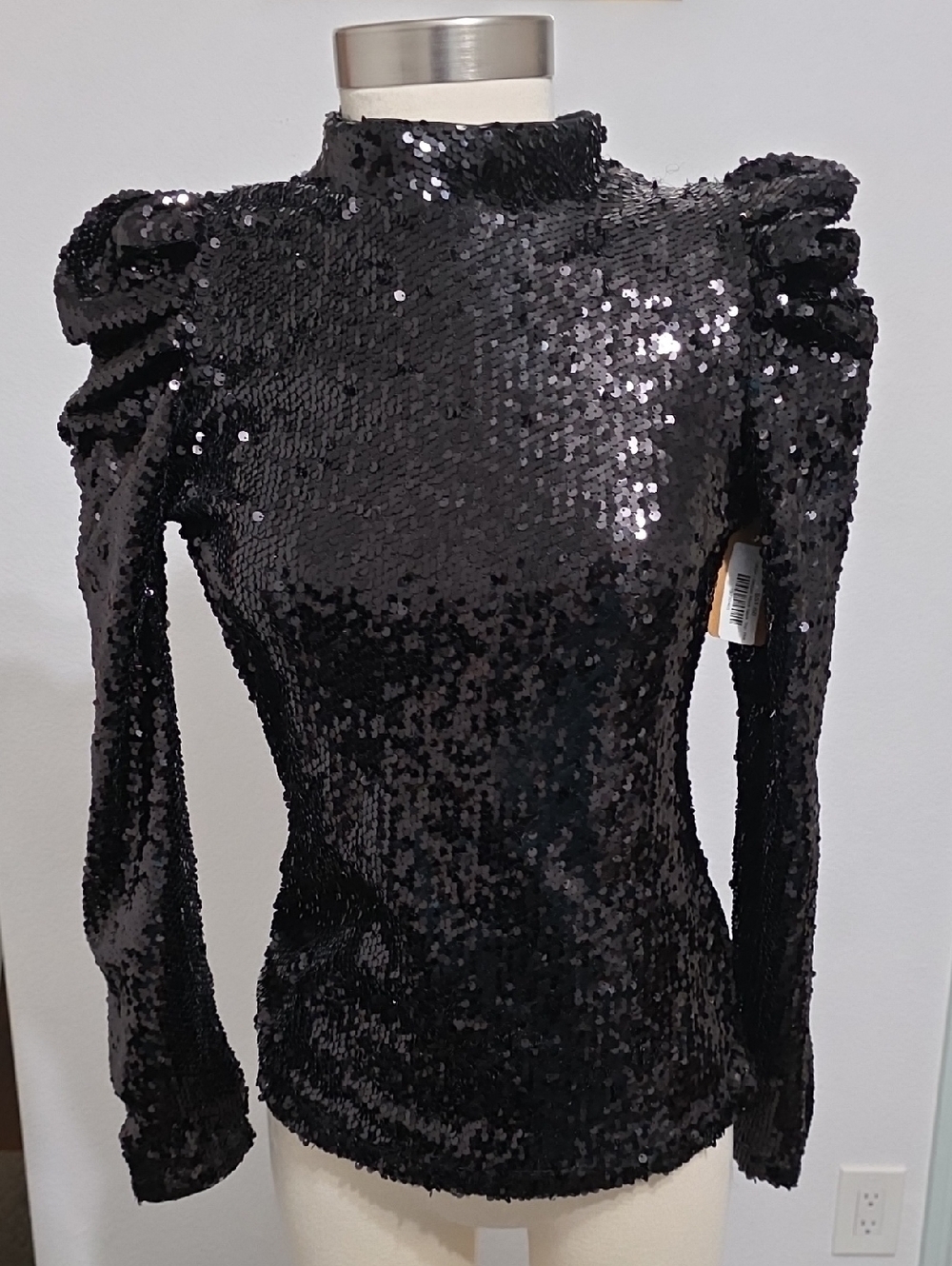 NWT Black Sequin Long-Sleeve Mock Neck Top